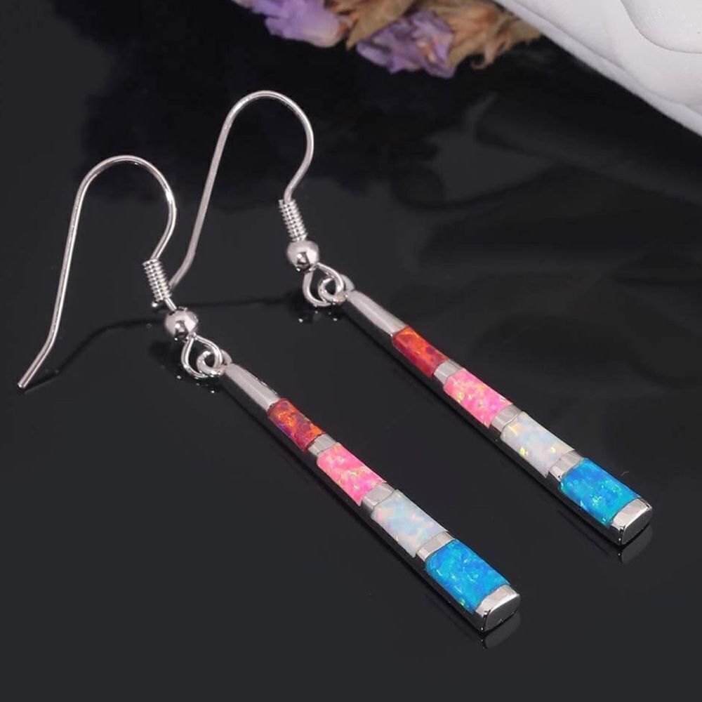14K White Gold with Genuine Multicolored Fire Opal Dangling Hook Bar Earrings - Picture 2 of 4